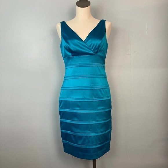 AMERICAN Living Satin Bandage Surplice Bodycon Turquoise Sleeveless Dress Size 6 - Picture 1 of 12